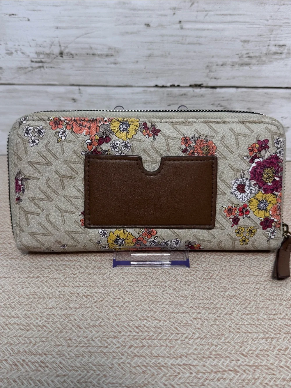 Jones New York Floral Zip-Around Wallet Quilted Cream Brown